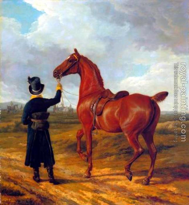 Jacques-Laurent Agasse : Lord Rivers' Groom Leading a Chestnut Hunter towards a Coursing Party in Hampshire